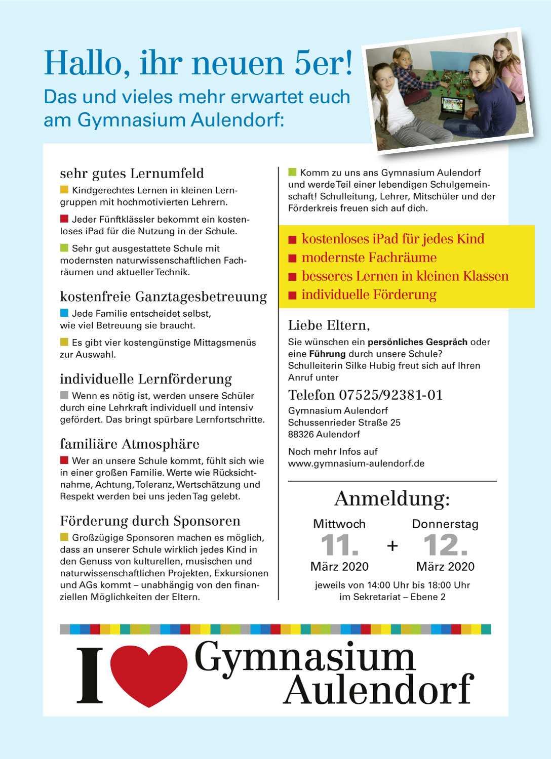Flyer zur Schulanmeldung am Gymnasium Aulendorf am 11. und 12. März 2020